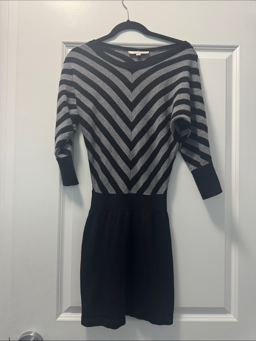 LOFT Black and Gray Chevron Knit Long Sleeve Dress